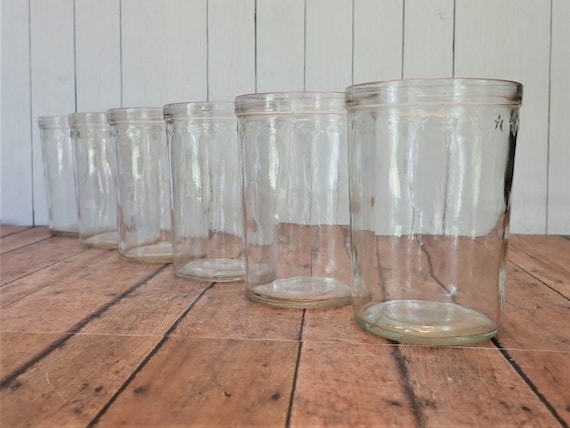 Vintage Jelly Jar Juice Glasses Tumblers Set of 6 Clear Glass with Star Border Design Drinking Glass