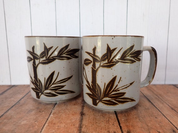 Vintage Stoneware Bamboo Mug Set of 2 Matching Gray with Brown Rustic Bamboo Tree Branch Design Otagiri Style Mid Century Modern Pottery