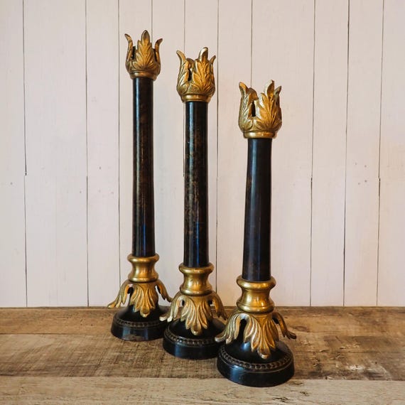 Vintage Neoclassical French Empire Style Metal and Brass Candlesticks Set of 3 Taper Candlesticks Graduated Sizes