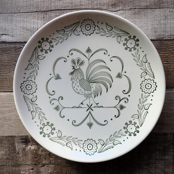 Vintage SCIO PROVINCIAL Dinner Plates Set of 4 White with Green Rooster Weathervane Floral Design Country Farmhouse Americana Decor