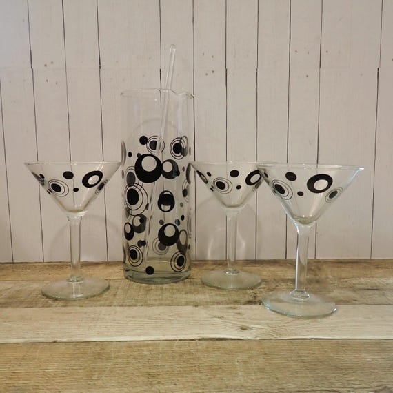 Vintage Libbey Glass Martini Pitcher and Glass Set of 4 Clear with Mod Black Circles Retro Design