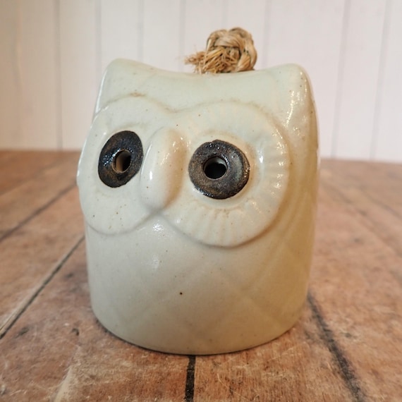 Vintage White Stoneware Owl Bell Figurine Ceramic Mid Century Modern Boho