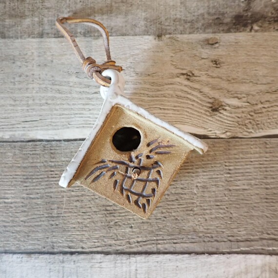 Vintage Stoneware Pottery Hanging Birdhouse Ornament Tan and White  Ceramic Bird House