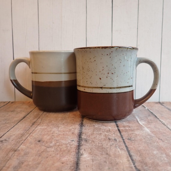 Vintage Stoneware Mug Set of 2 White Gray and Brown Banded Striped Design
