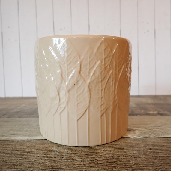 Vintage Pink Ceramic Planter Flower Pot with Leaf or Tree Design