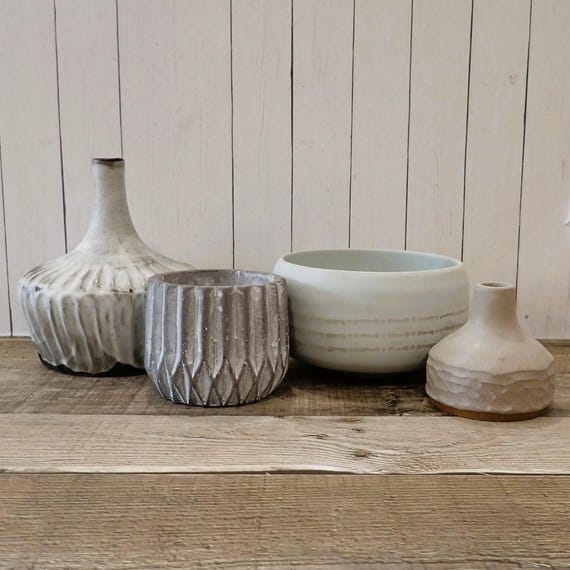 Vintage Handmade Stoneware Planter Vase Set of 4 Modern Style White and Gray Hand Made Studio Pottery