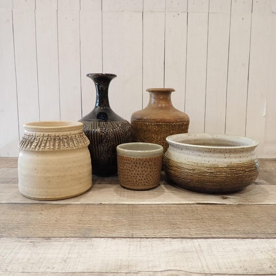 Vintage Stoneware Planter and Vase Set of 5 Handmade Pottery Gray Brown Tan White Rustic Etched Boho Decor