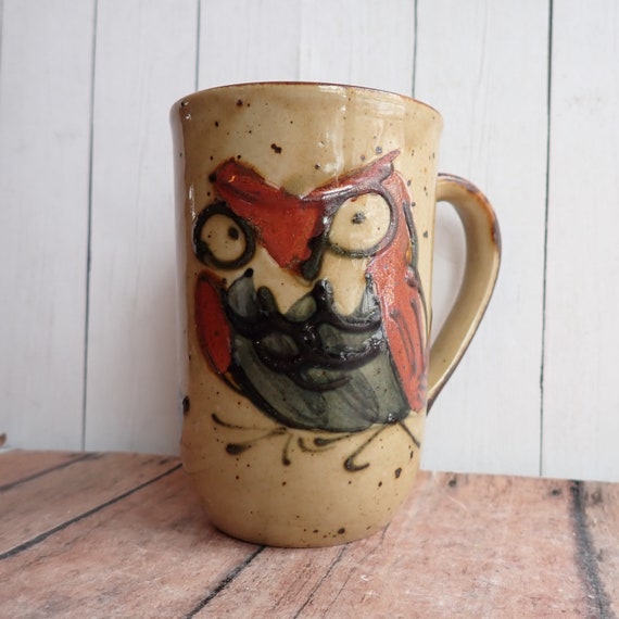 Vintage Stoneware Owl Mug Tan with Gray and Orange Feather Design Mid Century Modern Rustic Otagiri Style