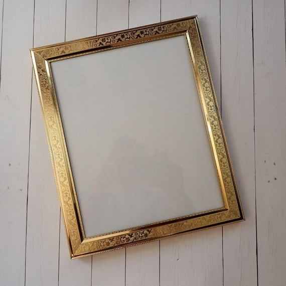 Vintage Gold Brass Metal 8x10 Photo Picture Frame 8" x 10" with Etched Floral Flower and Leaf Vine Design Wedding Frame