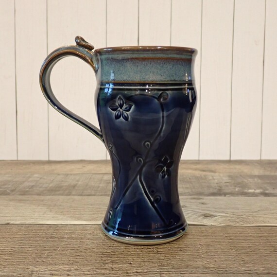 Vintage Pottery Mug Blue Stoneware with Etched Flower Floral Leaf Design Handmade Studio Pottery Asheville NC Plays in Mud