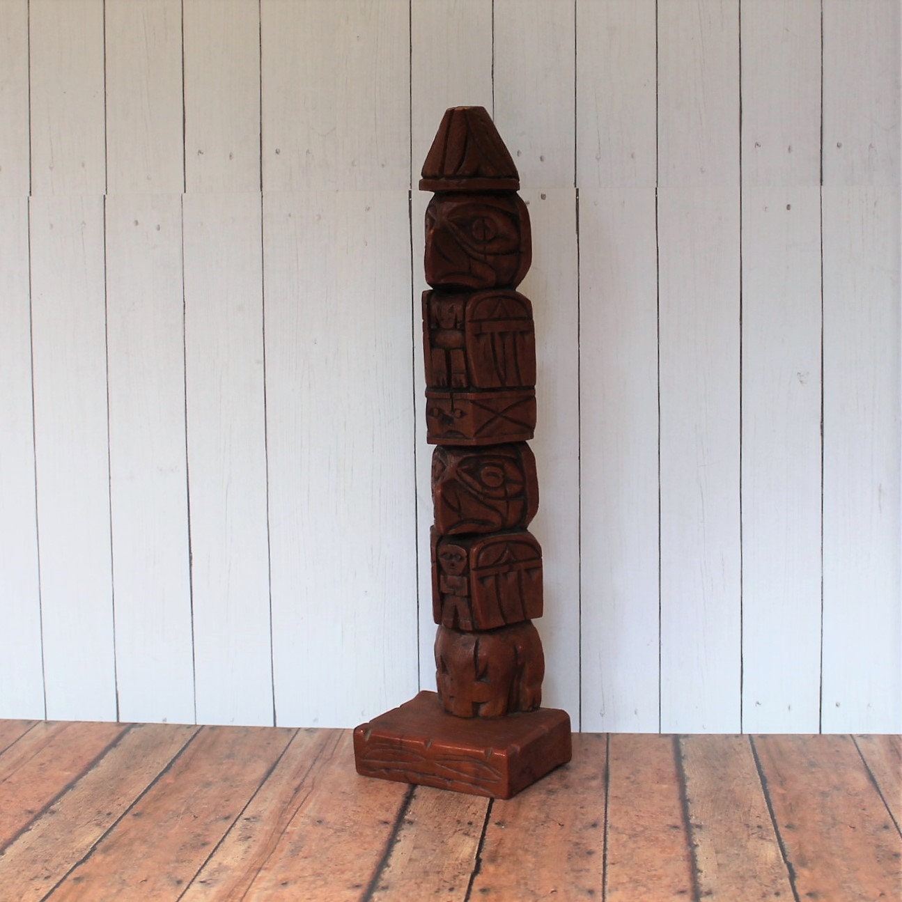 Vintage Faux Carved Wood Plastic Raven Totem Pole Figurine