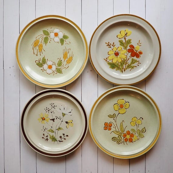 Vintage Mismatched Stoneware Salad Plate Set of 4 Mix and Match Plates White with Yellow Green Orange and Brown Flower Designs 1970s