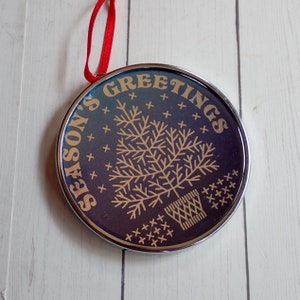 Vintage Hallmark 1987 Keepsake Ornament Holiday Greetings Blue Disc with Silver Tree Design Seasons Greetings
