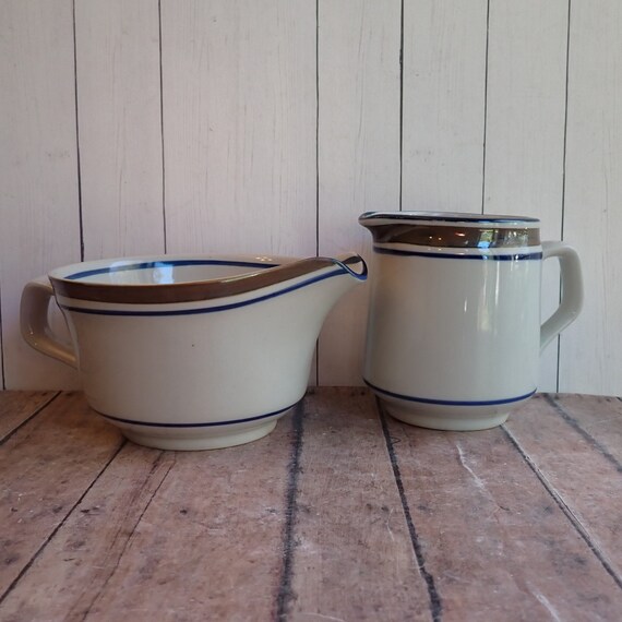 Vintage Salem Stoneware GEORGETOWN Creamer and Gravy Boat Set of 2 White with Blue and Brown Bands