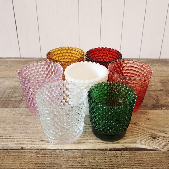 Vintage Mismatched Glass Votive or Tealight Candle Holder Set of 7 Pink Green Yellow Amber Red Clear Hobnail Mix and Match Set