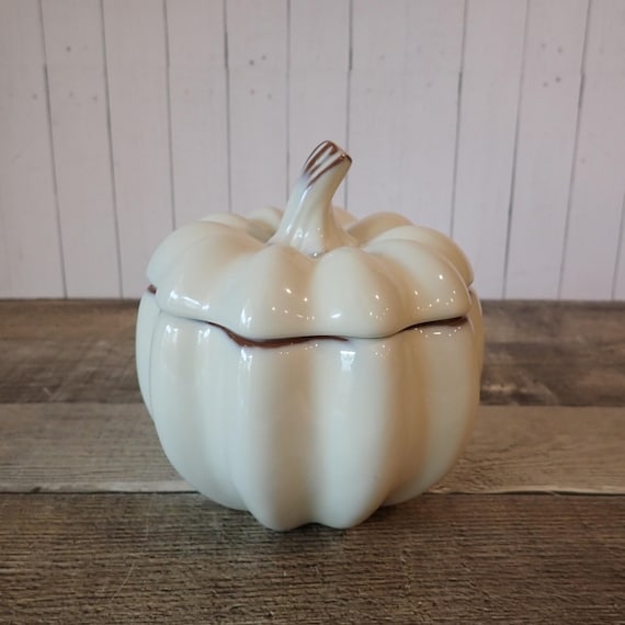 Vintage White Terra Cotta Pumpkin Bowl Dish with Lid Fall Halloween Thanksgiving Decor