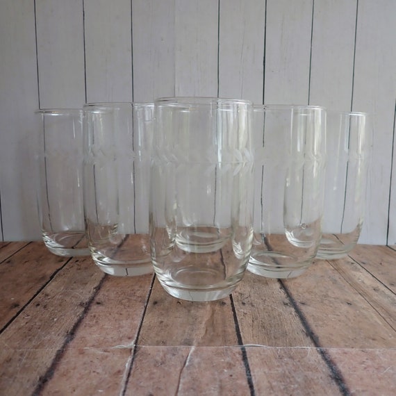 Vintage Anchor Hocking LAUREL Gray 12 oz. Flat Tumbler Set of 6 Clear with Vine Leaf Design Pattern