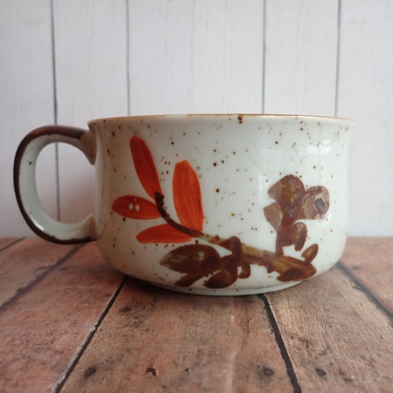 Vintage Stoneware Soup Bowl Mug with Handle Gray with Orange and Brown Flower and Leaf Design Otagiri Style