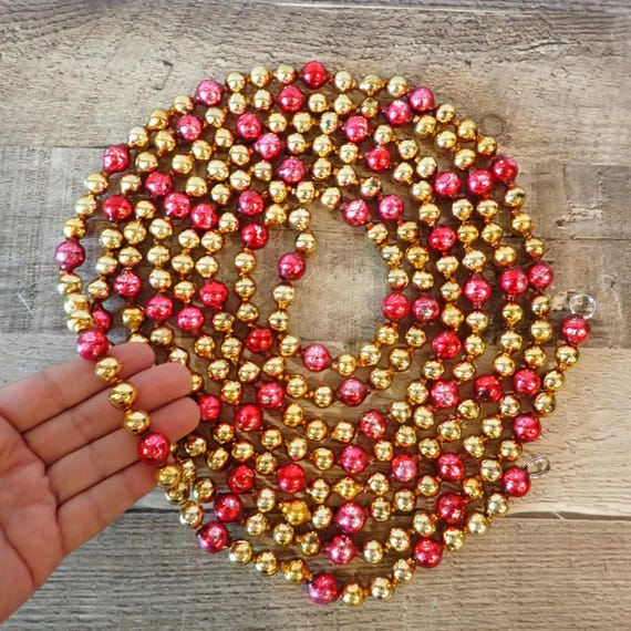 Vintage Mercury Glass Bead Garland Gold and Red Feather Tree 11' Beaded Christmas Tree Garland Handmade Repurposed Beads