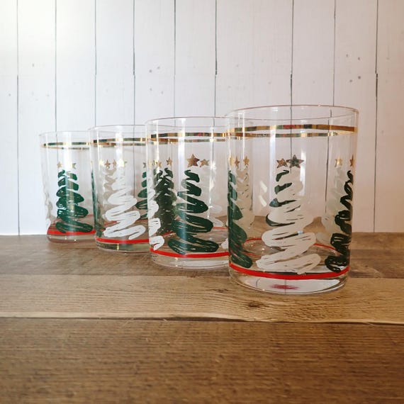 Vintage Culver CHRISTMAS Double Old Fashioned Set of 4 Glasses Clear with Squiggle Green and White Tree Design