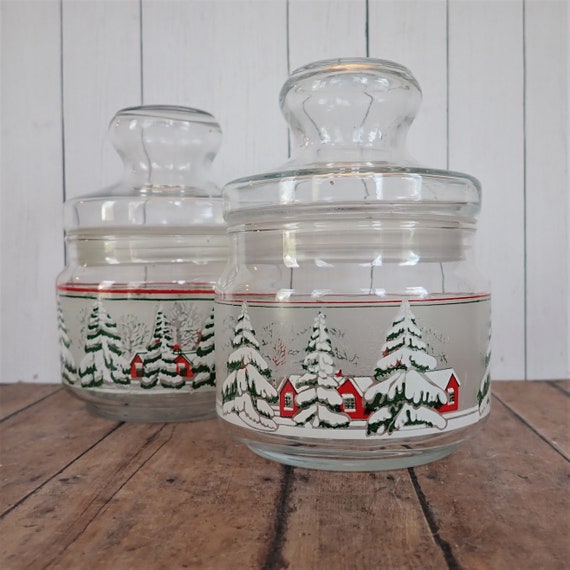 Vintage Glass Frosted Pine Tree Evergreen Candy Jar Set of 2 Canister Apothecary Jars with Lid Clear Christmas Jar