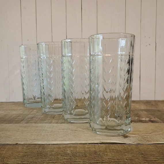 Vintage Anchor Hocking Laurel Large Tumblers Set of 4 Vertical Laurel AHC47 Iced Tea Glasses Leaf Leaves Vine Design 16 oz.