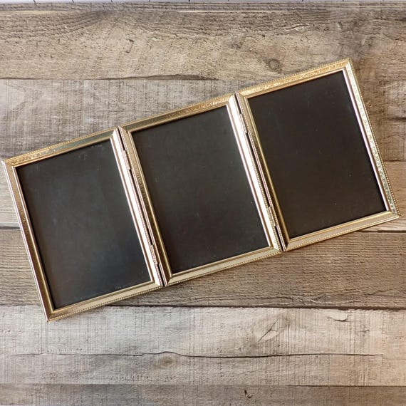 Vintage Brass Bronze Metal Triple Hinged 5x7 Three Part Photo Picture Frame Tri-Fold 5" x 7" Size