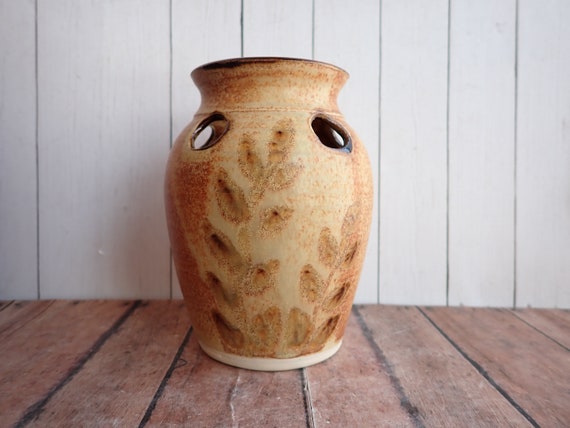 Vintage Arts North Cape Breton Pottery Vase Tan Beige with Brown Leaf Design Nova Scotia Canada