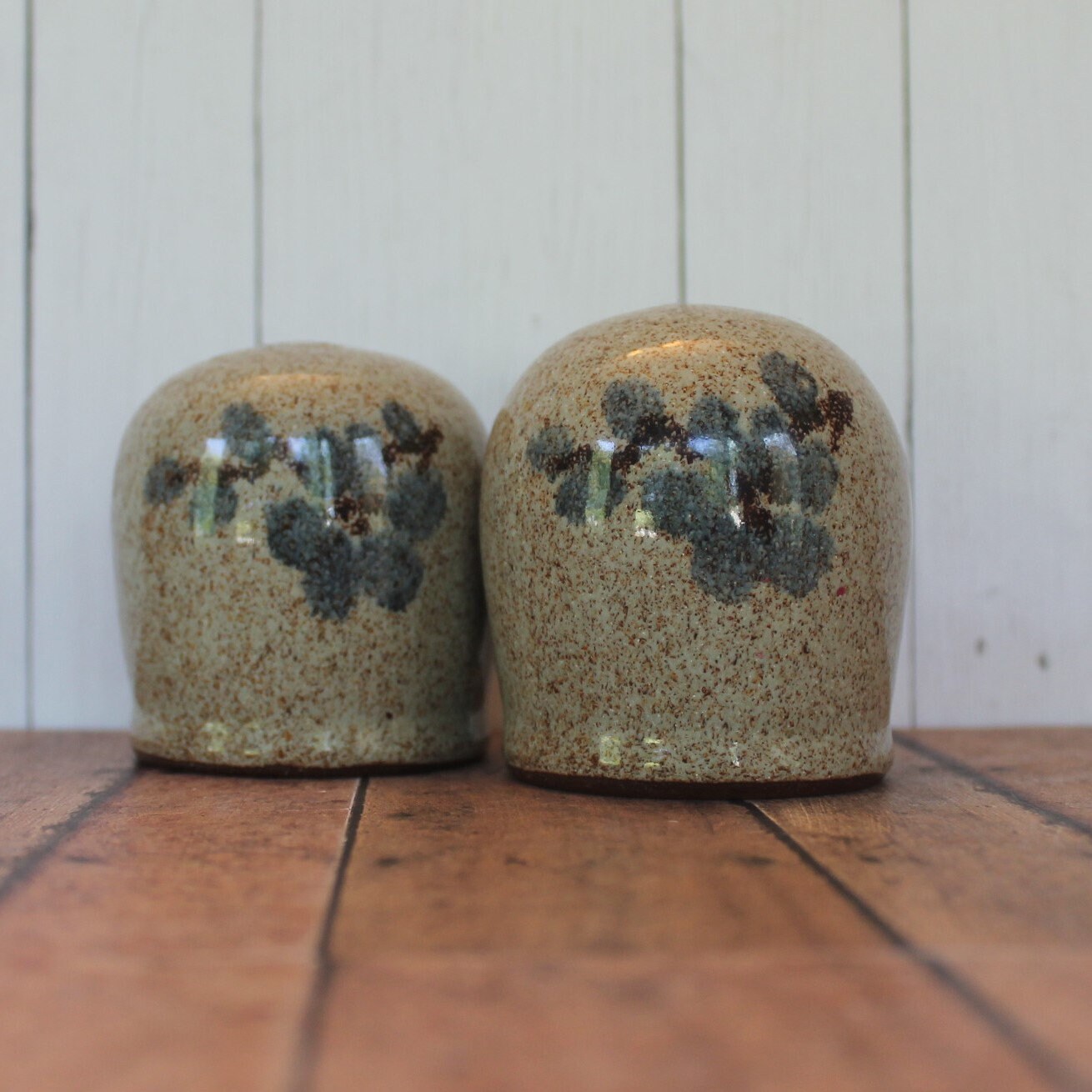 Vintage Old Time Pottery Salt and Pepper Shakers Set of 2 Gray with Blue Flower Design Agnes and