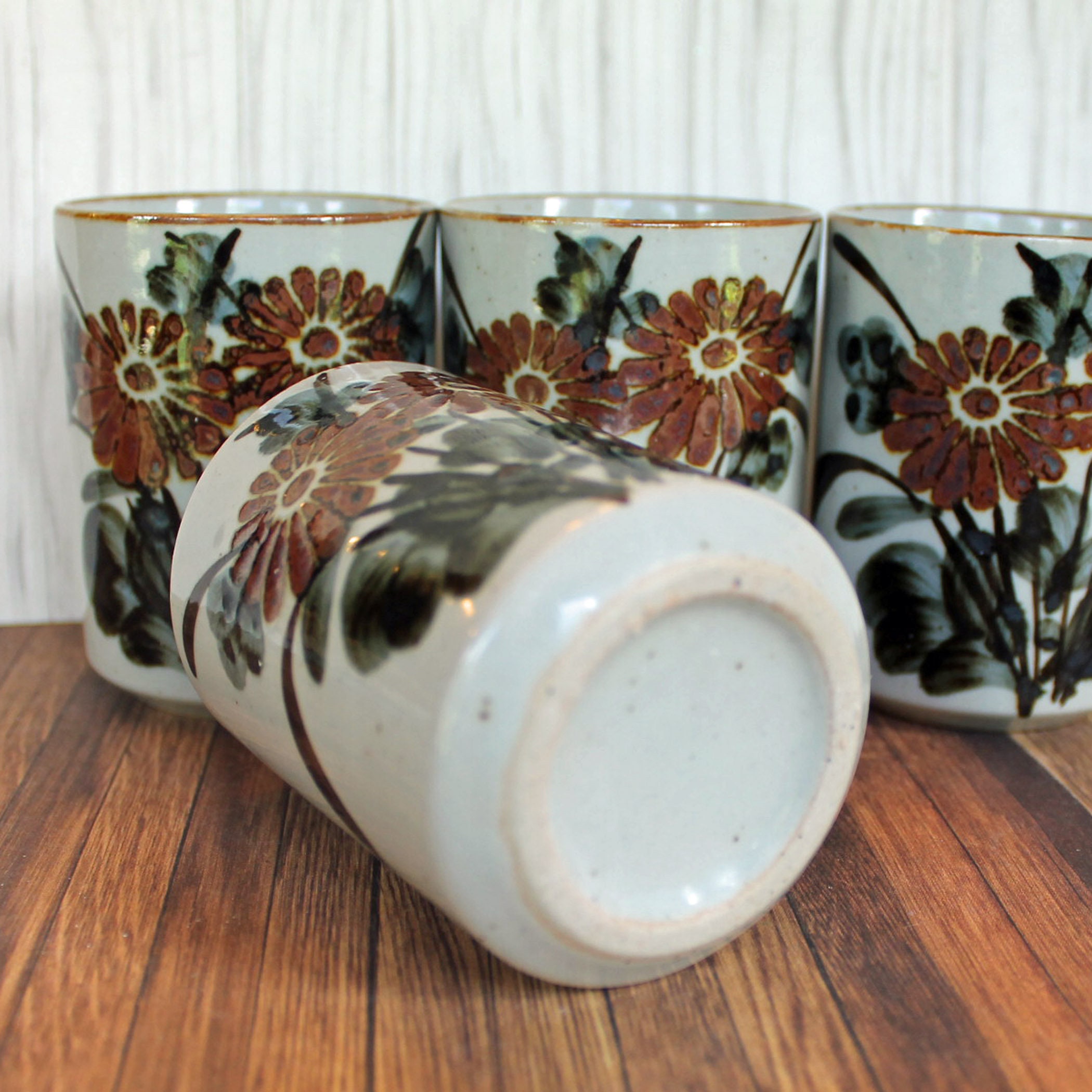 Vintage OTAGIRI Juice Sake Cup Set of 4 Gray Stoneware with Brown and