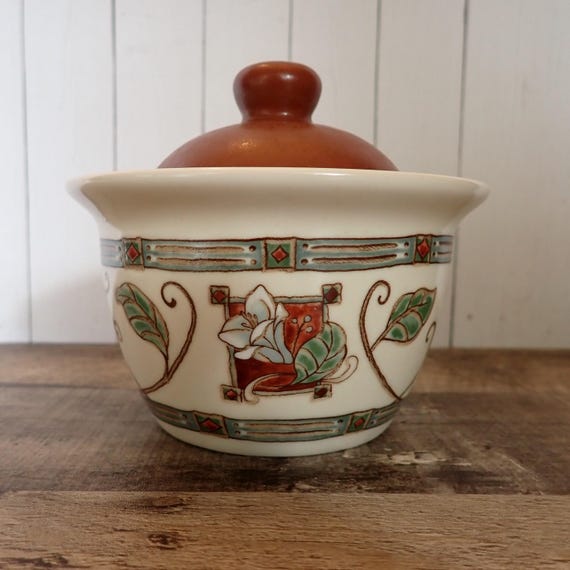 Vintage Pfaltzgraff MISSION FLOWER Sugar Bowl with Lid Cream Rust Brown Stoneware with Floral Design