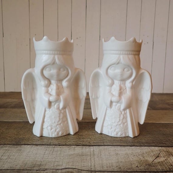 Vintage Ceramic White Angel Candle Holder Set of 2 Modern Taper or tealight Candlestick Christmas Holiday Decor