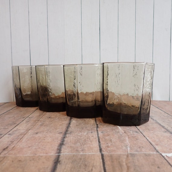 Vintage Libbey Glass FACETS Tawney Brown 3.5" Old Fashioned Glass Set of 4 Rocks Glass Whiskey Tumbler