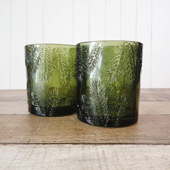 Vintage Christmas Green Pillar or Votive Candle Holder Set of 2 with Evergreen Branch Design