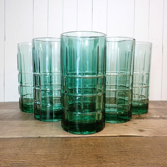 Vintage Anchor Hocking Tartan Light Green 6" Ice Tea Tumbler Set of 4 Glass with Plaid Line Pattern