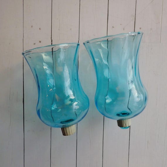 Vintage Blue Swirl Glass Peg Votive Cup Set of 2 for Candlesticks or Sconces