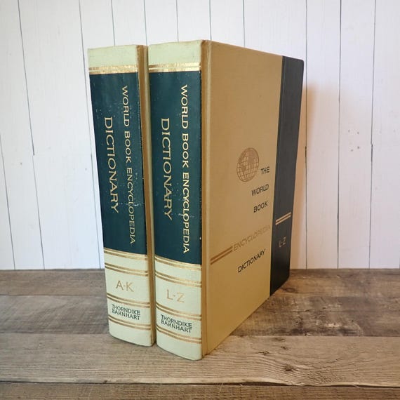 Vintage World Book Encyclopedia Dictionary Set of 2 1963 Edition Green and Gold Binding