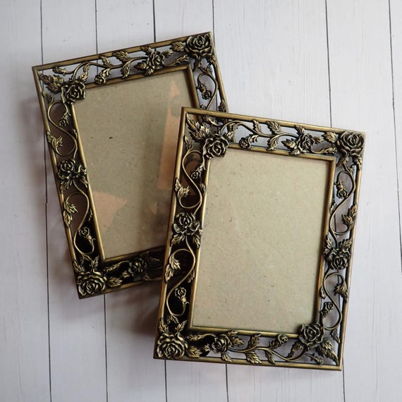 Vintage 3x5 Metal Bronze Photo Picture Frame Set of 2 Matching Frames Scroll Flower and Leaf Design