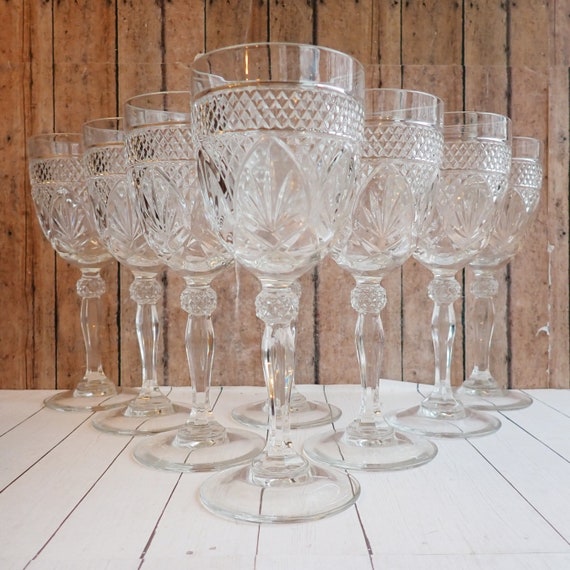 Vintage Cristal D'Arques-Durand Antique Clear Water Gobler Wine Glass Goblet Set of 8 Floral Pineapple Lattice Design Luminarc Made in USA