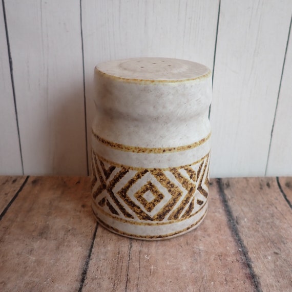 Vintage Pottery Craft USA Salt Shaker White Stoneware with Brown Geometric Tribal Design Single Shaker