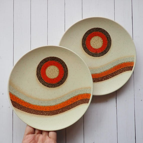 Vintage Mikasa Indian Feast RISING SUN Salad Plate Set of 2 Cream Orange and Brown Stoneware