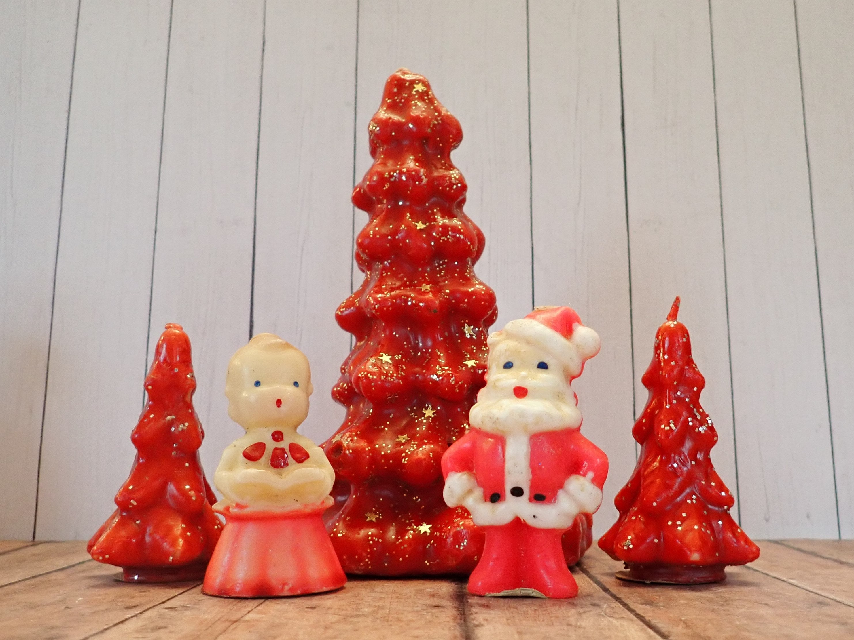Vintage Gurley Christmas Candle Set of 5 Santa Choir Boy and Red Pine