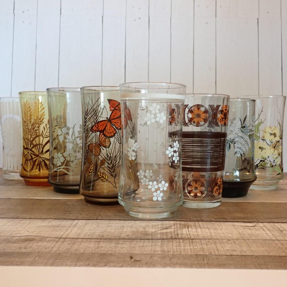 Vintage Mismatched Glass Tumbler Set of 8 Glasses with Floral and Leaf Patterns Drinking Glasses Libbey Mix and Match Set