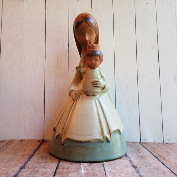 Vintage UCTCI Ceramic Figurine Madonna and Child Woman Mother Baby Prince Figure White Green Tan Japan Terra Cotta