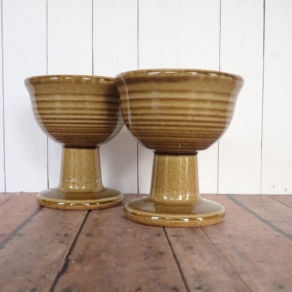 Vintage Stoneware Goblet Chalice Set of 2 Gold Tan Brown Medeival Rensiassance Style Footed Pottery Goblet