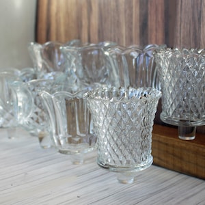 Vintage Clear Glass Votive Cups PAIRS YOU CHOOSE Patterned Votive Candle Holders with Peg Candlestick Diamond Floral Etched