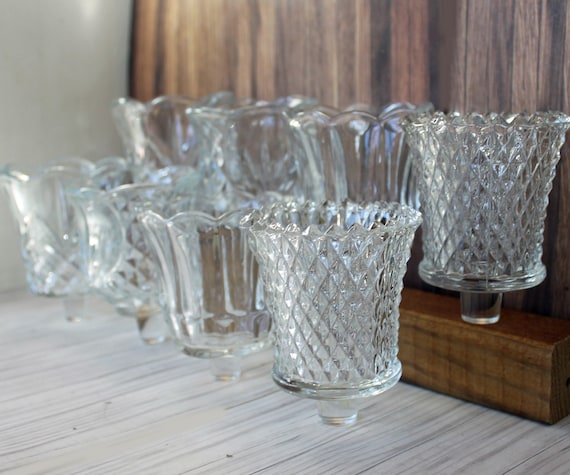 Vintage Clear Glass Votive Cups PAIRS YOU CHOOSE Patterned Votive Candle Holders with Peg Candlestick Diamond Floral Etched