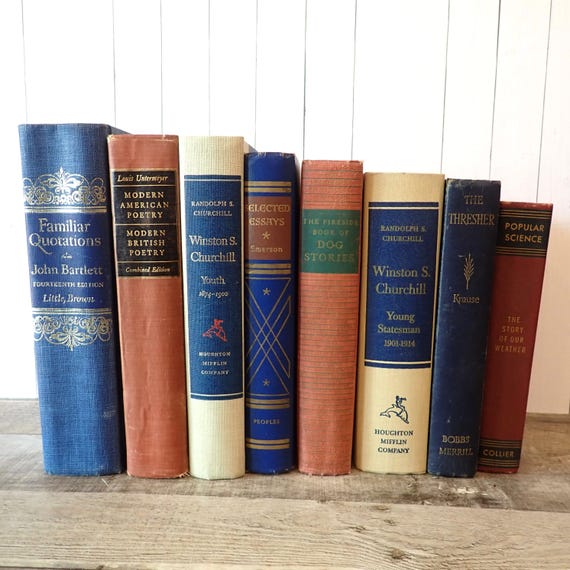Vintage Book Set of 8 Books Blue Tan Red Bookshelf Bundle Office Library Decor
