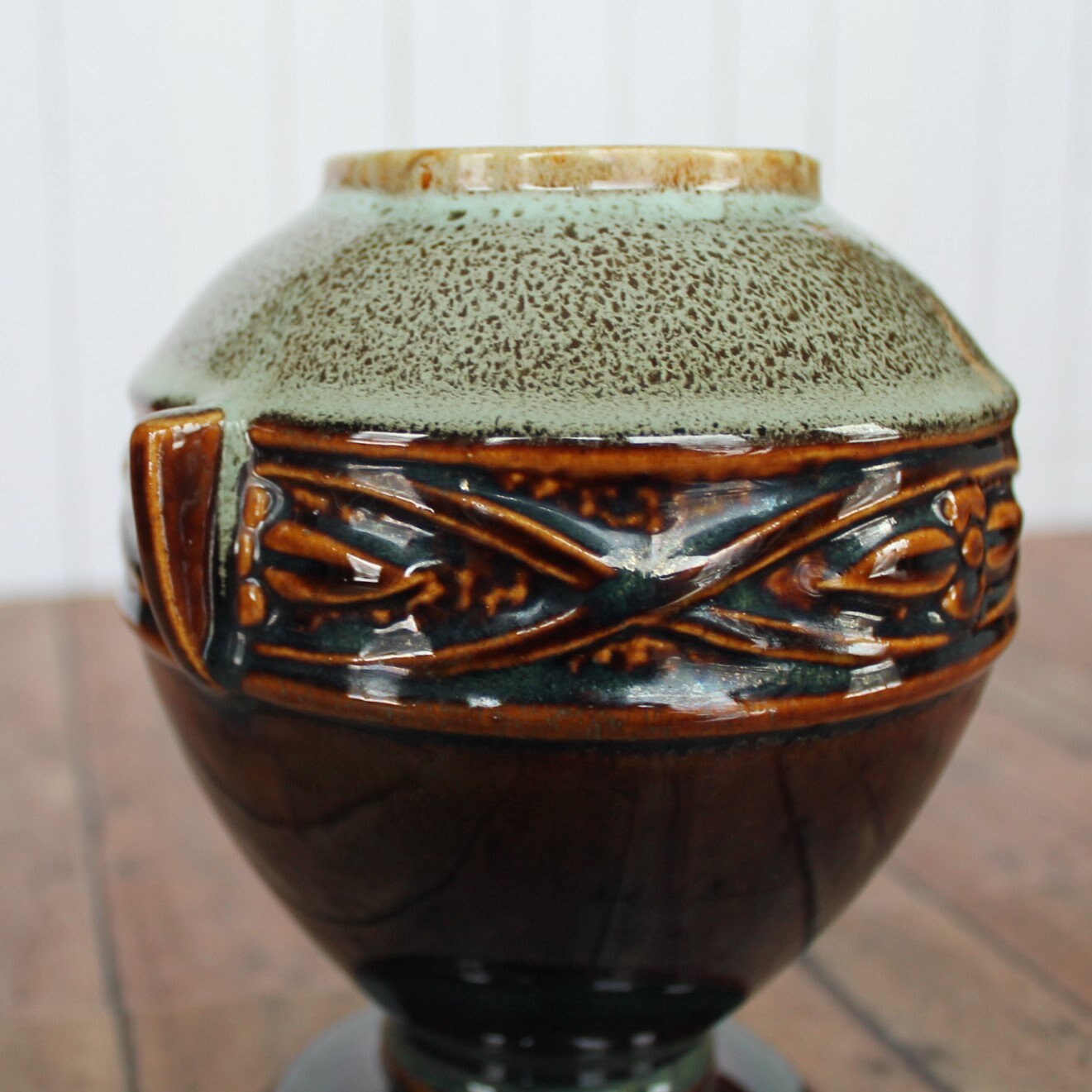 Vintage Ceramic Footed Pedestal Vase Brown and Green Arts and Craft Art