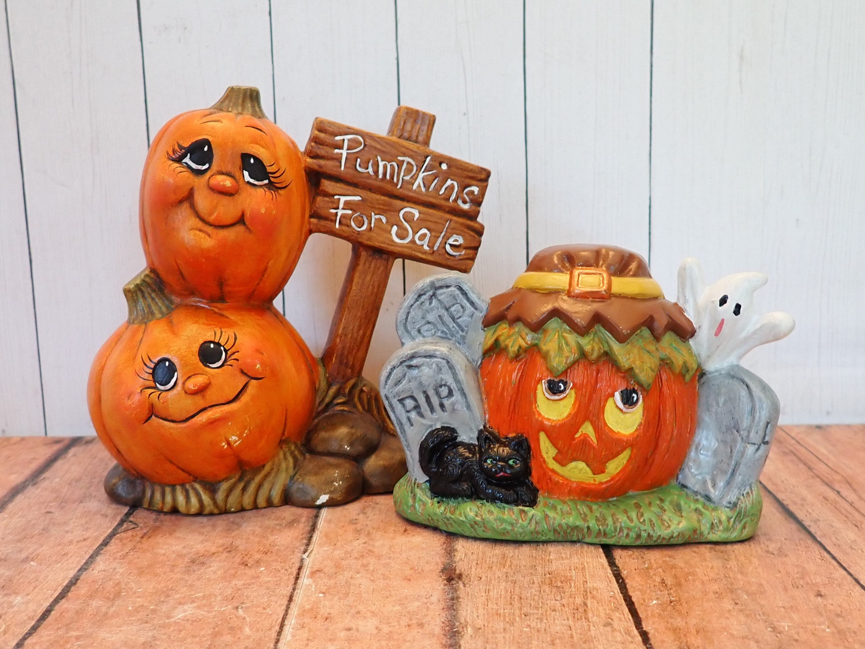 Vintage Ceramic Halloween Figurine Set of 2 Pumpkin Jack O Lantern